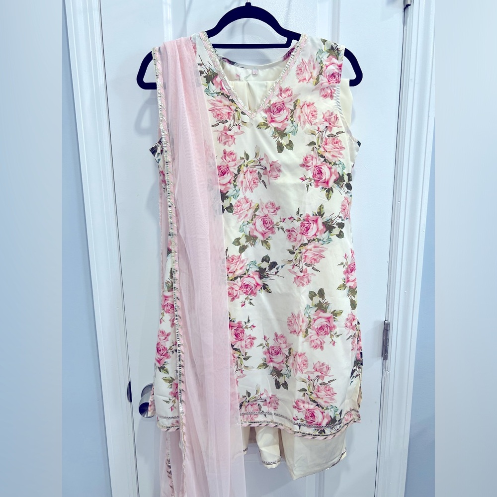 Cream & light pink floral Indian outfit with palazzo pants